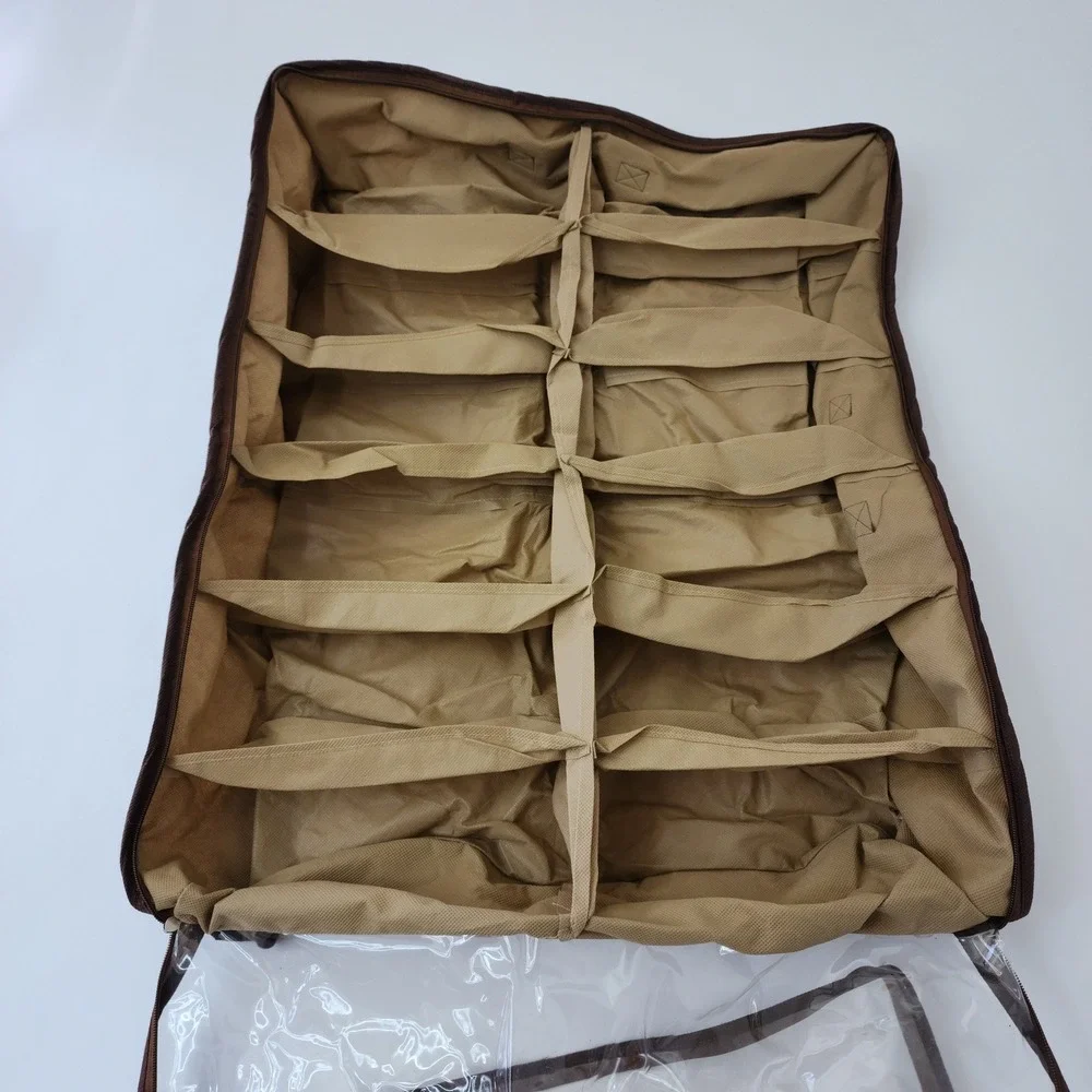 Underbed Shoe Organizer Storage Bag 12 Compartment Clear‎ Zipper Top Tan Brown